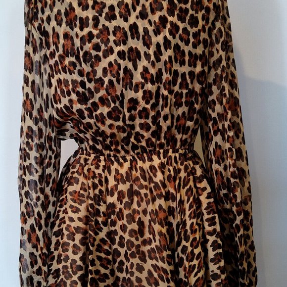 CAROLINE COSTAS Olena Silk Leopard Print Balloon Sleeve Mini Dress Large - Picture 7 of 8